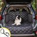 Long haired dog sitting on Meadowlark Cargo Liner Protector in trunk of vehicle.